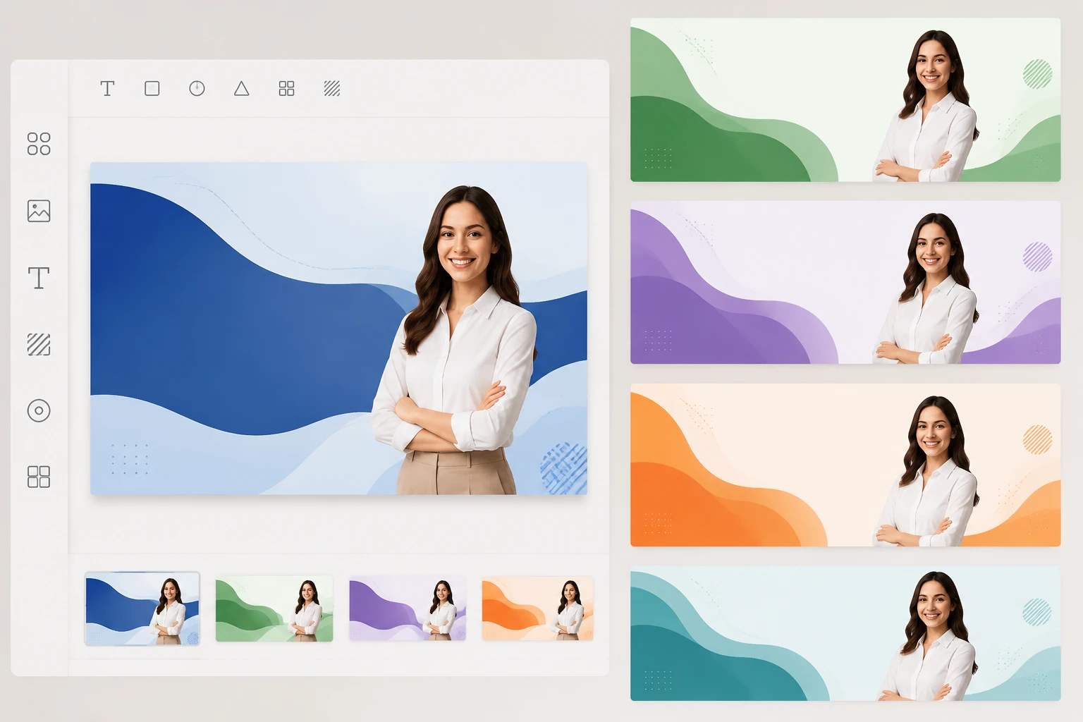 Several generated banner versions side by side with the visual editor open for text edits