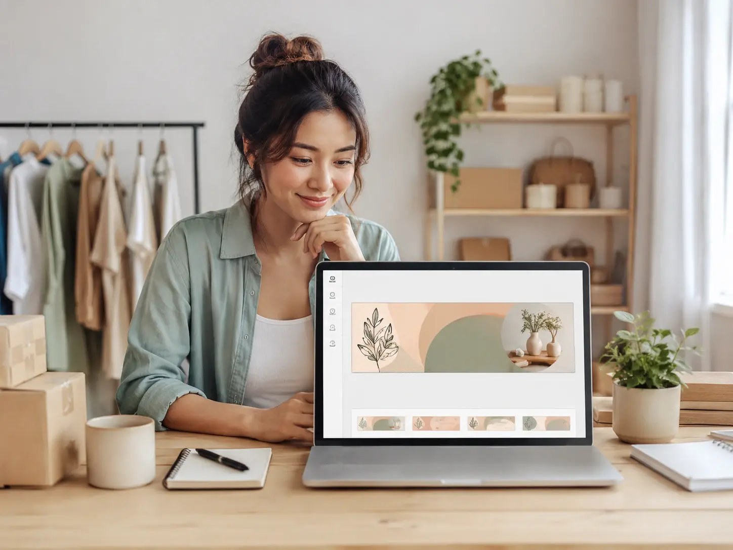 A small business owner reviewing a promotional banner design on a laptop workspace