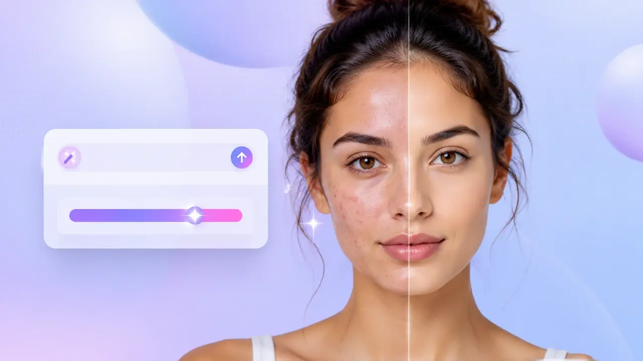 Prompt box reading remove blemishes above a portrait with acne fading from one cheek
