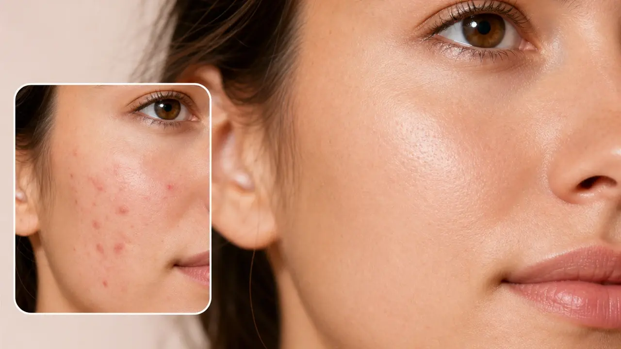 Close up of a cleared cheek keeping natural pores after the blemish remover removes acne