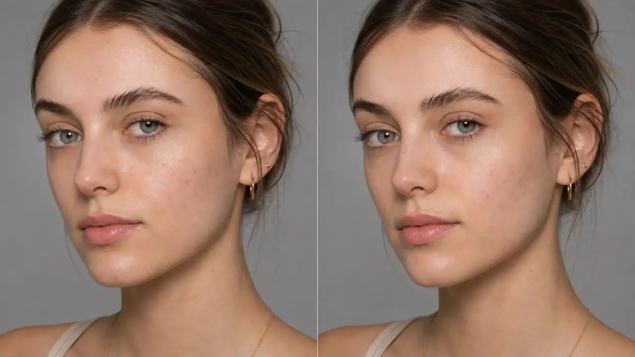 Portrait with acne marks and uneven patches cleared after typing remove blemishes