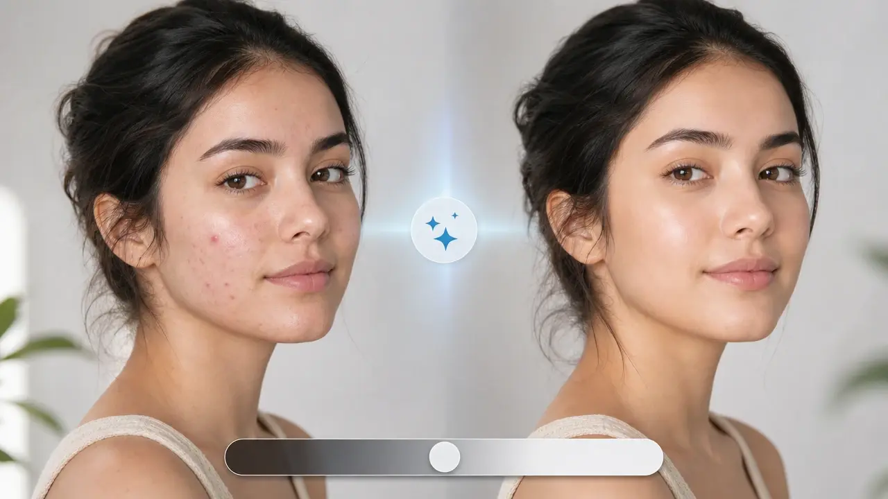 Portrait before and after a blemish remover clears acne and dark spots across both cheeks