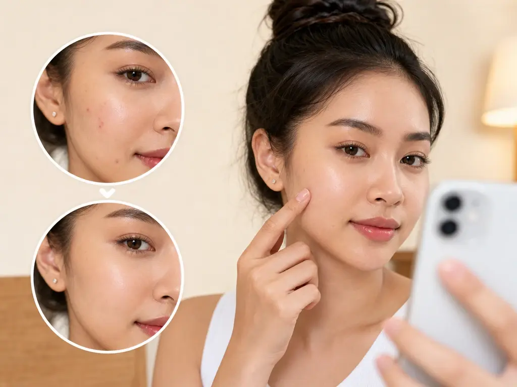 Person taking a close up selfie with a single pimple cleared from the cheek