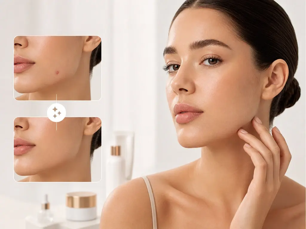 Model face in a product listing photo with a blemish cleared near the jaw line