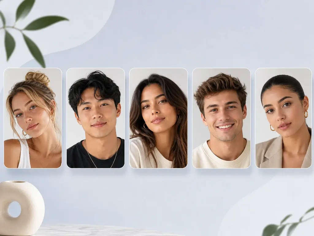 Row of creator portraits prepared for a social feed after the blemish remover cleans each face