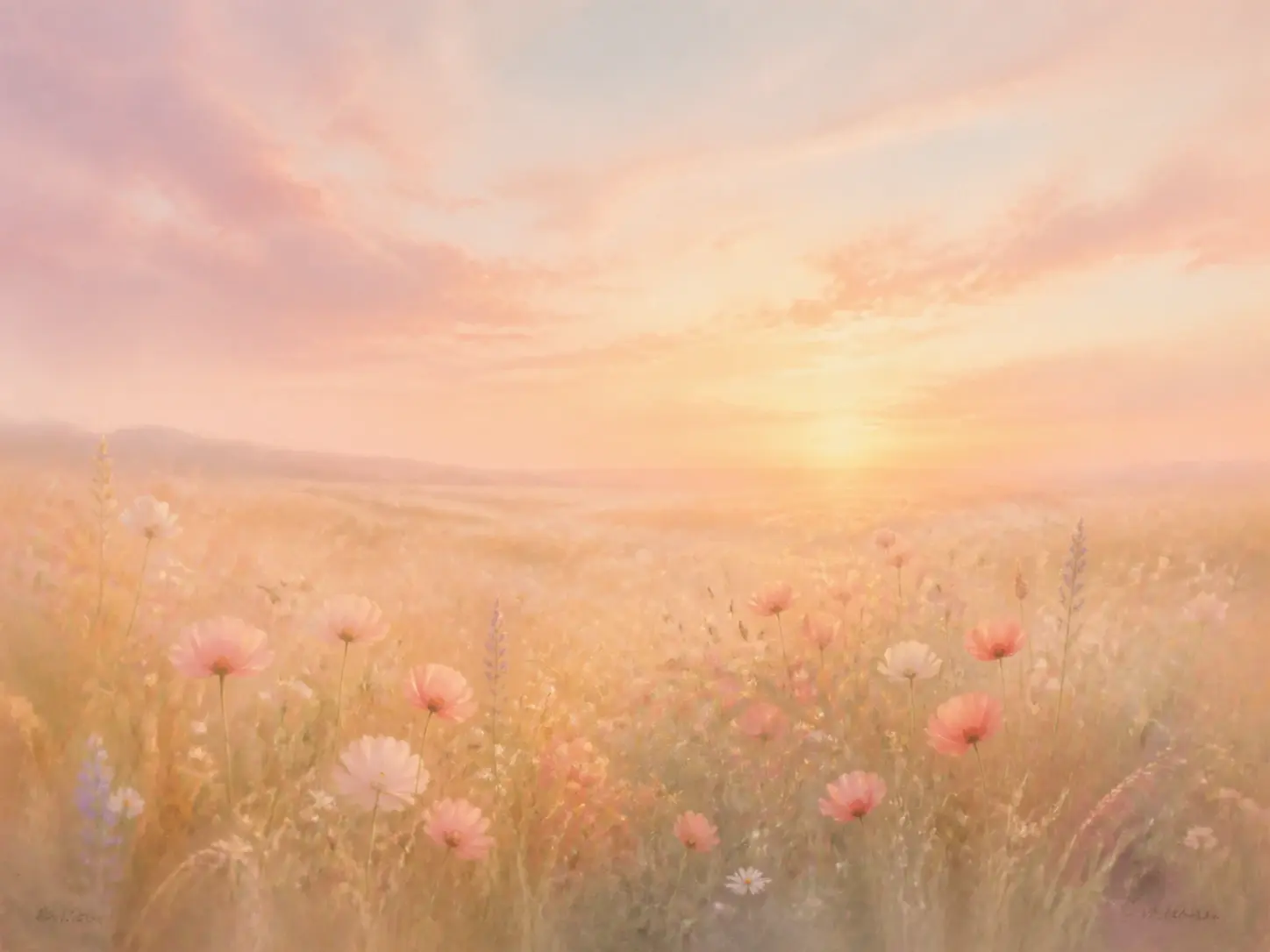 A meadow at dusk rendered as a dreamy haze exactly as a written description asked for