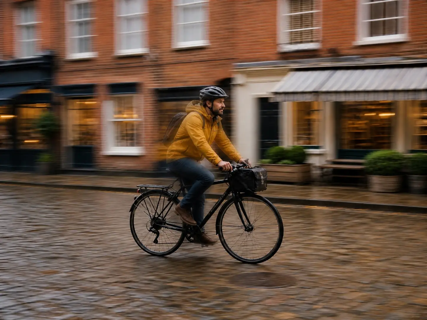 The same city street repainted with a motion blur effect, the cyclist trailing streaks of speed