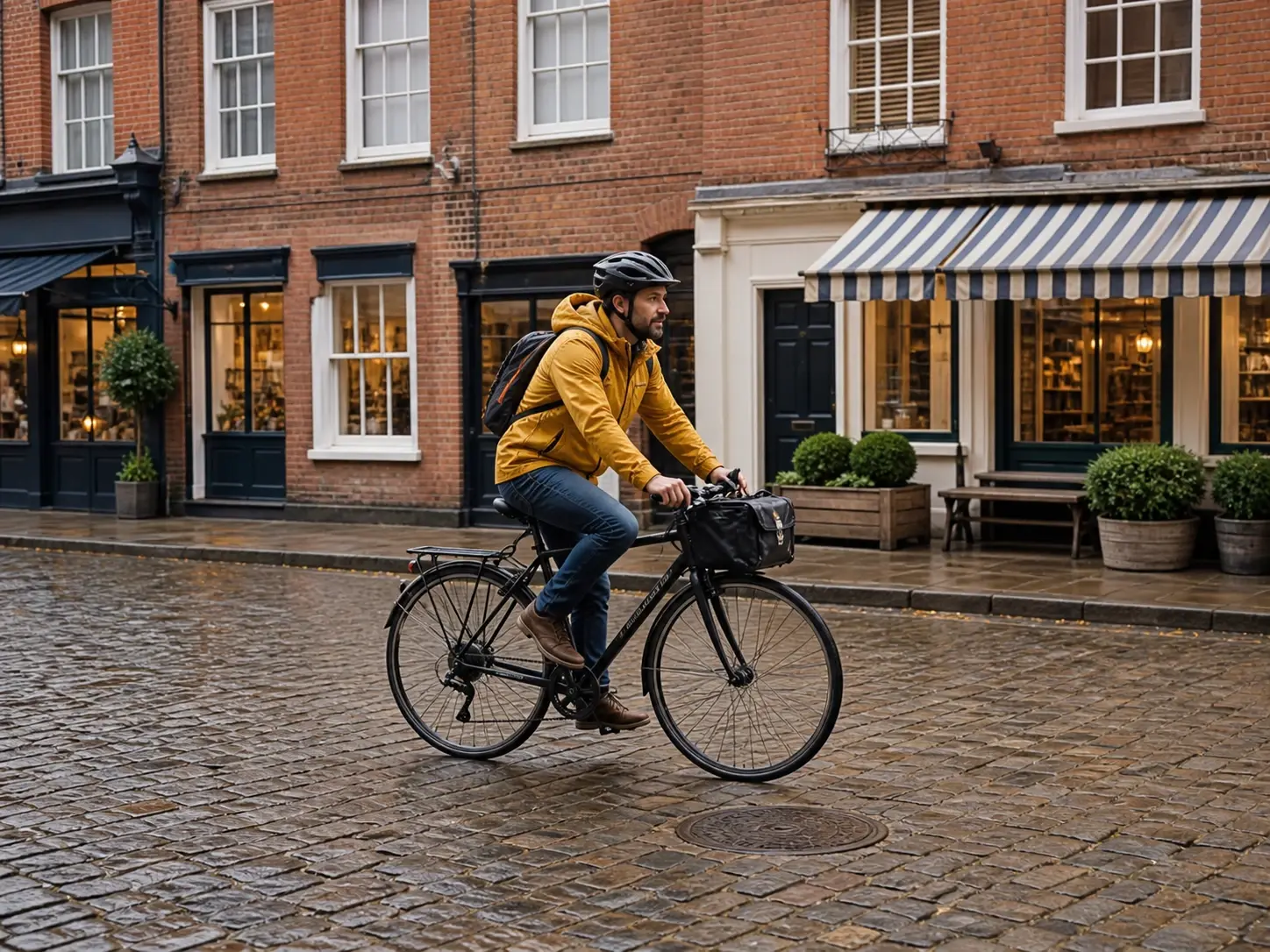 A sharp city street photo with a cyclist frozen mid ride before any blur effect