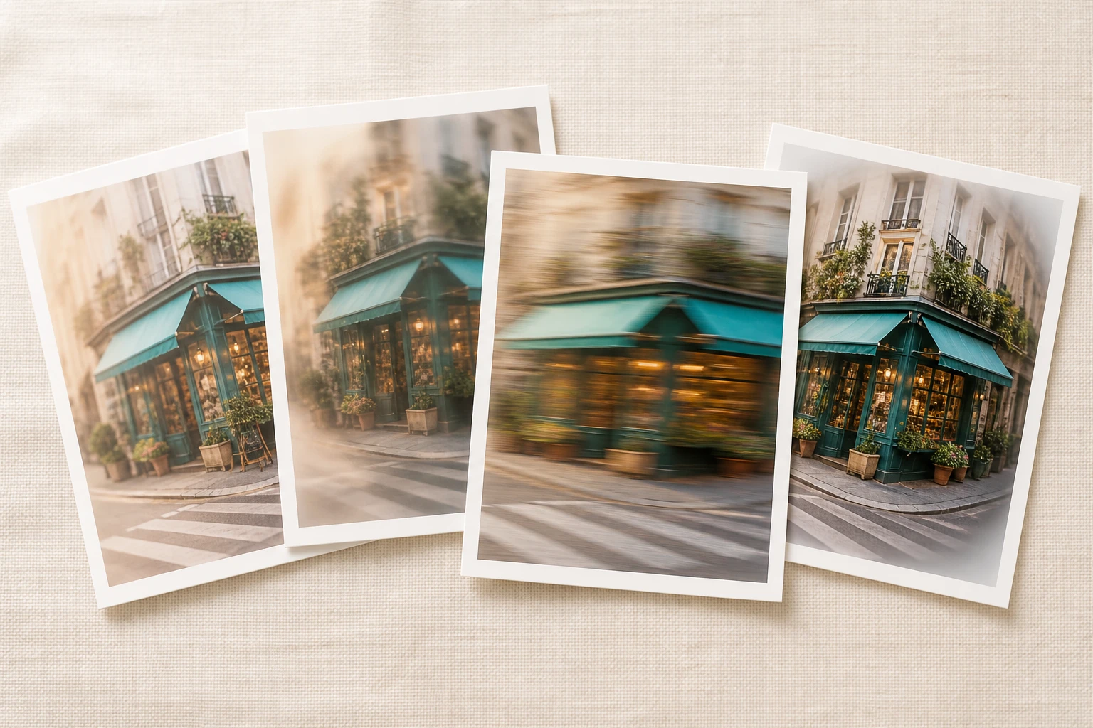 Four finished blur effect versions of the street scene arranged side by side to compare
