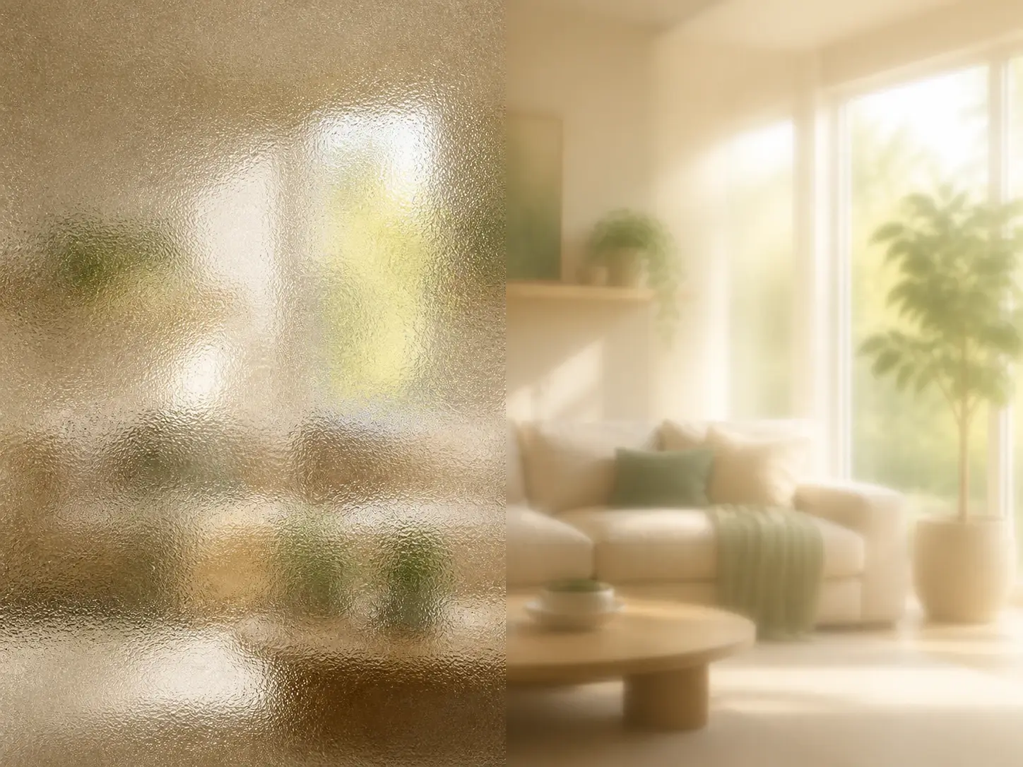 A room seen through frosted glass beside the same room softened as if viewed through a screen