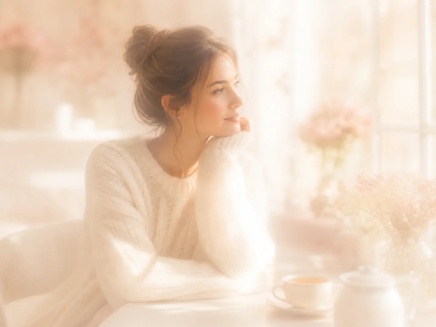 A portrait wrapped in a soft dreamy haze where the whole frame glows gently out of focus