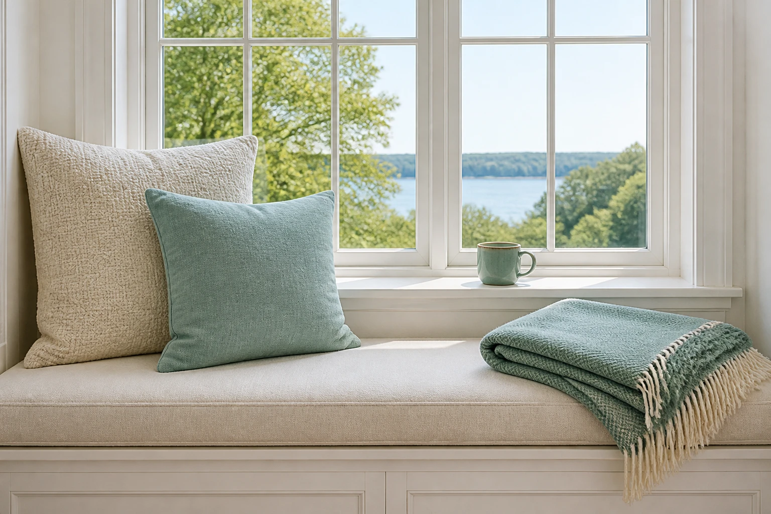 A crisp everyday photograph of a window seat waiting untouched before any haze is added