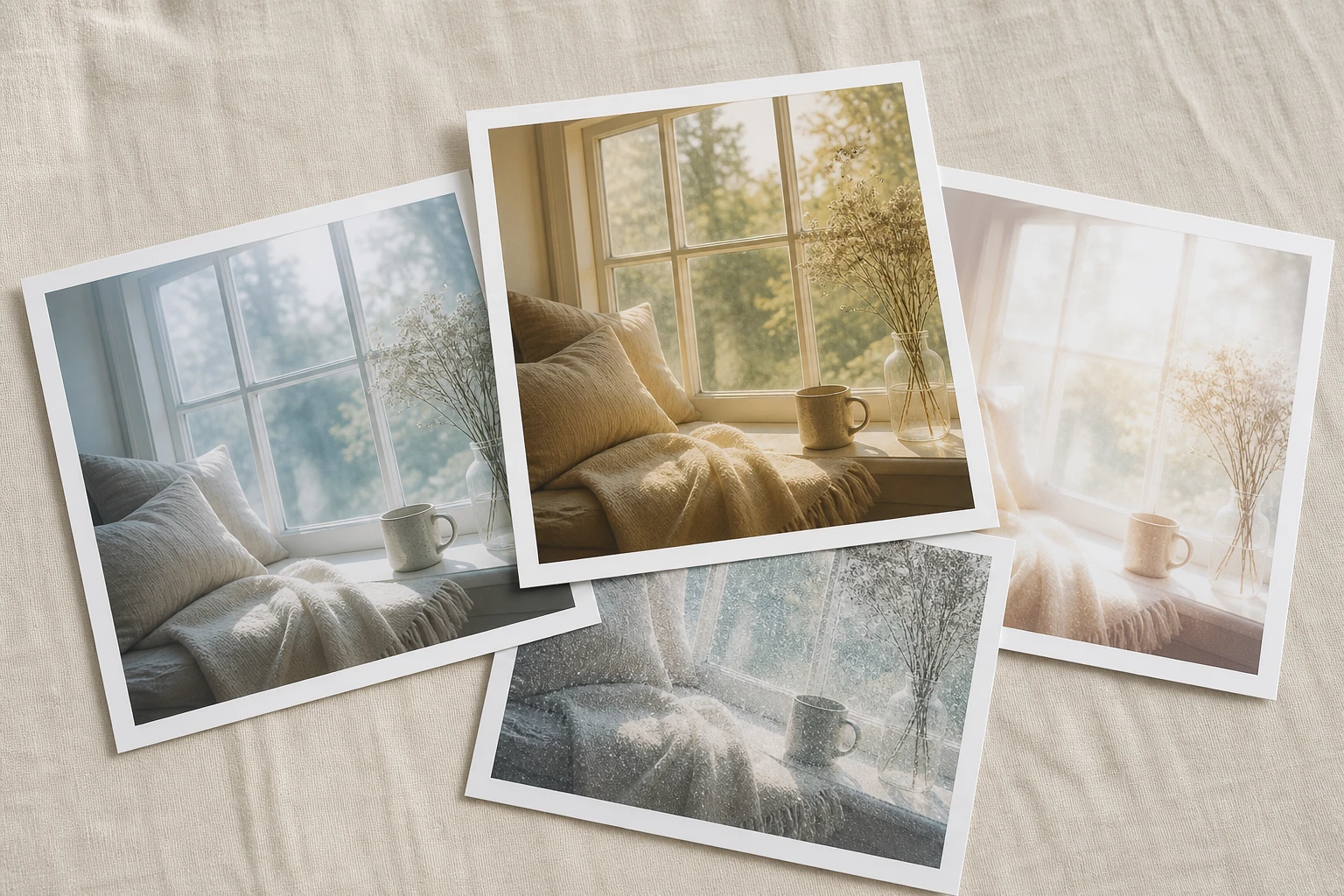 Four finished hazy takes of the window seat arranged together with one lifted forward