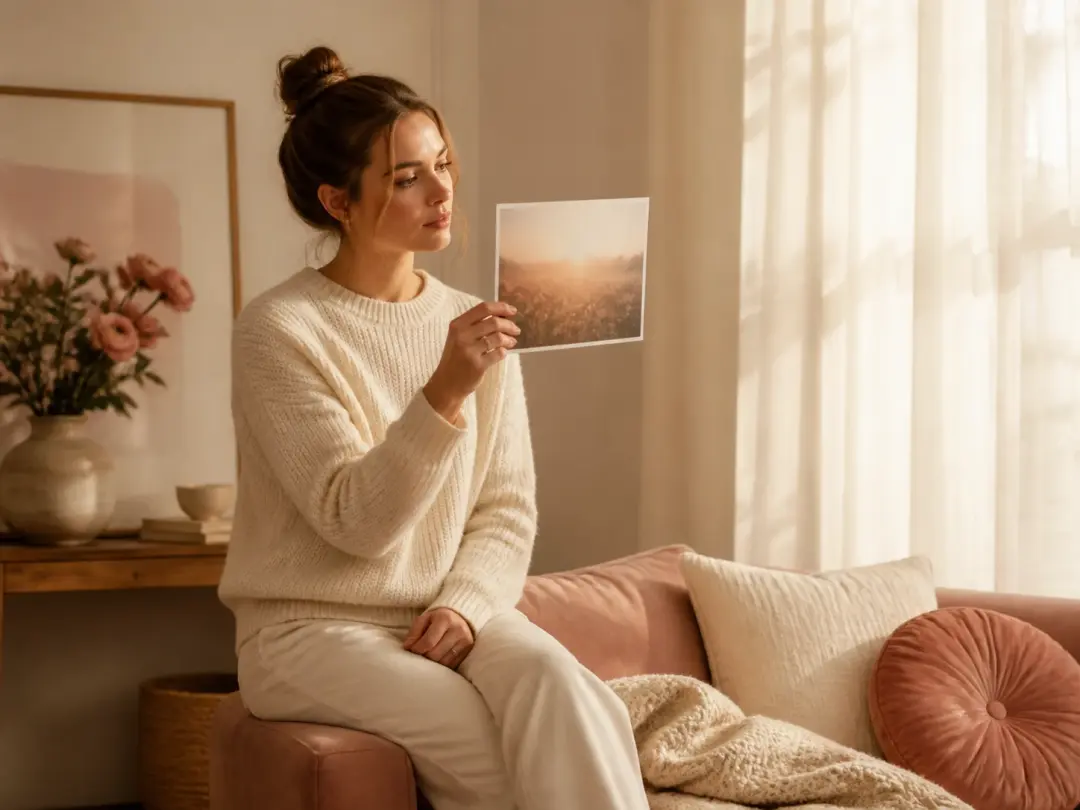 A person holding a saved reference print with a soft dreamy haze they cannot put a name to