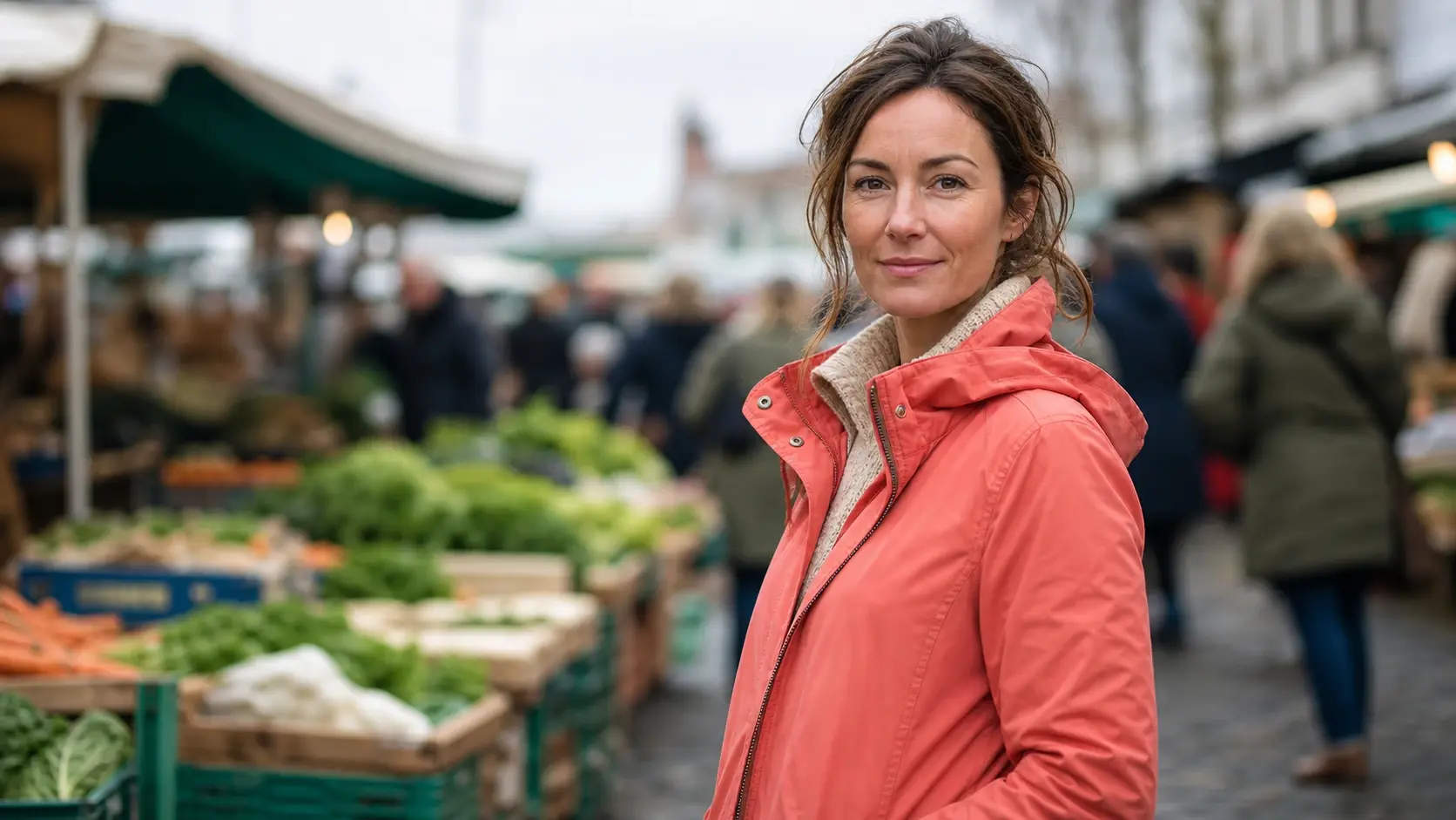 A woman standing crisp and clear while the busy market behind her falls away into soft blur