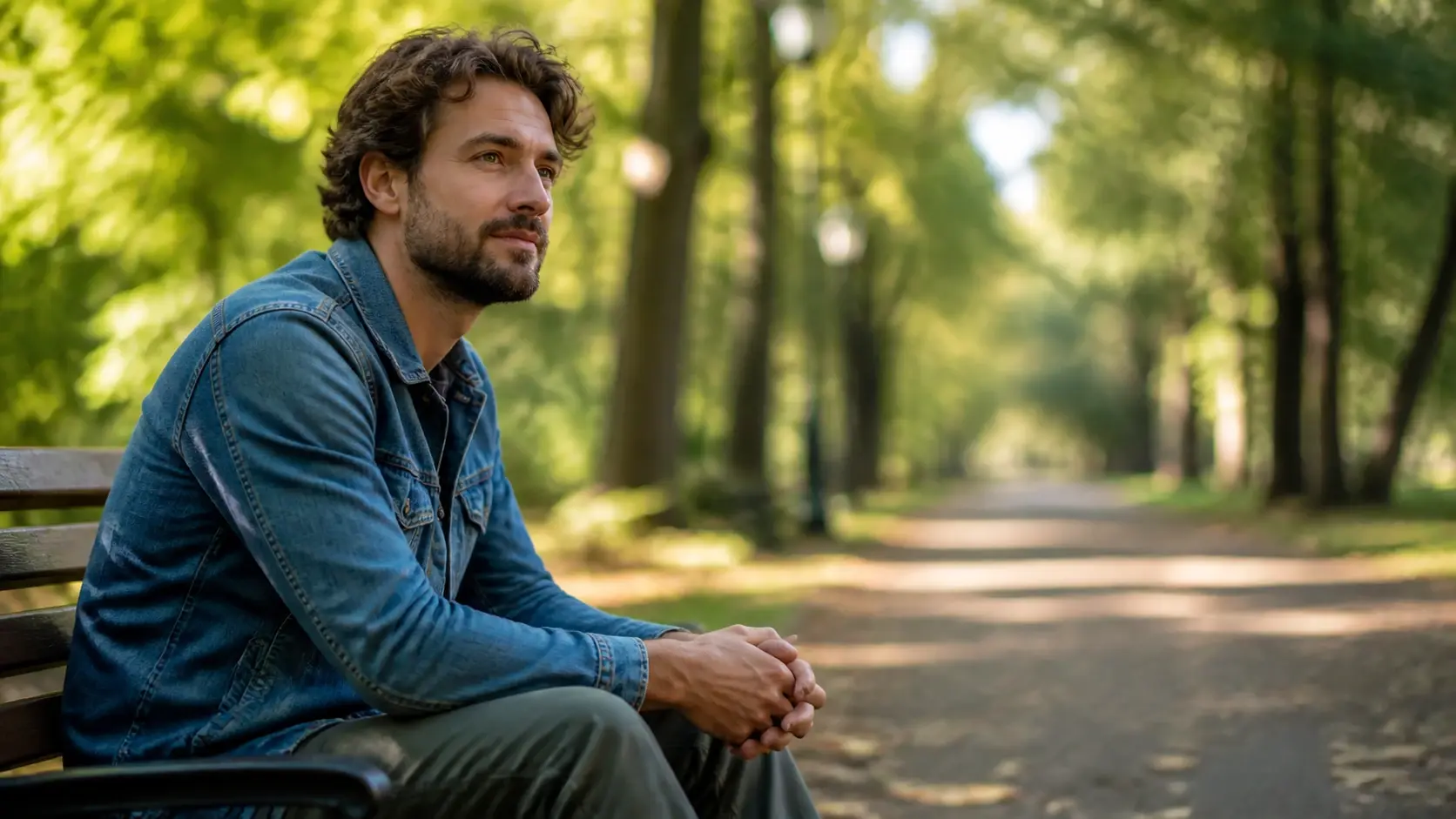 A finished shallow depth of field photograph of a man in a park with softly rolled off background