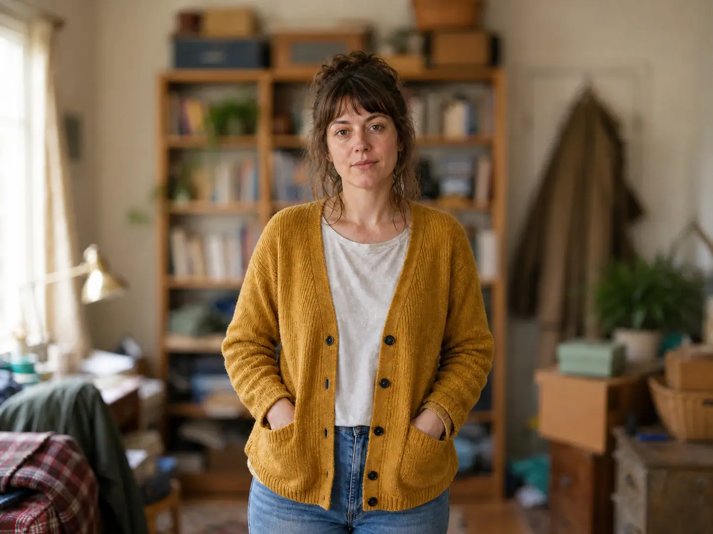 The same portrait with the person still sharp and the cluttered room melted into soft bokeh