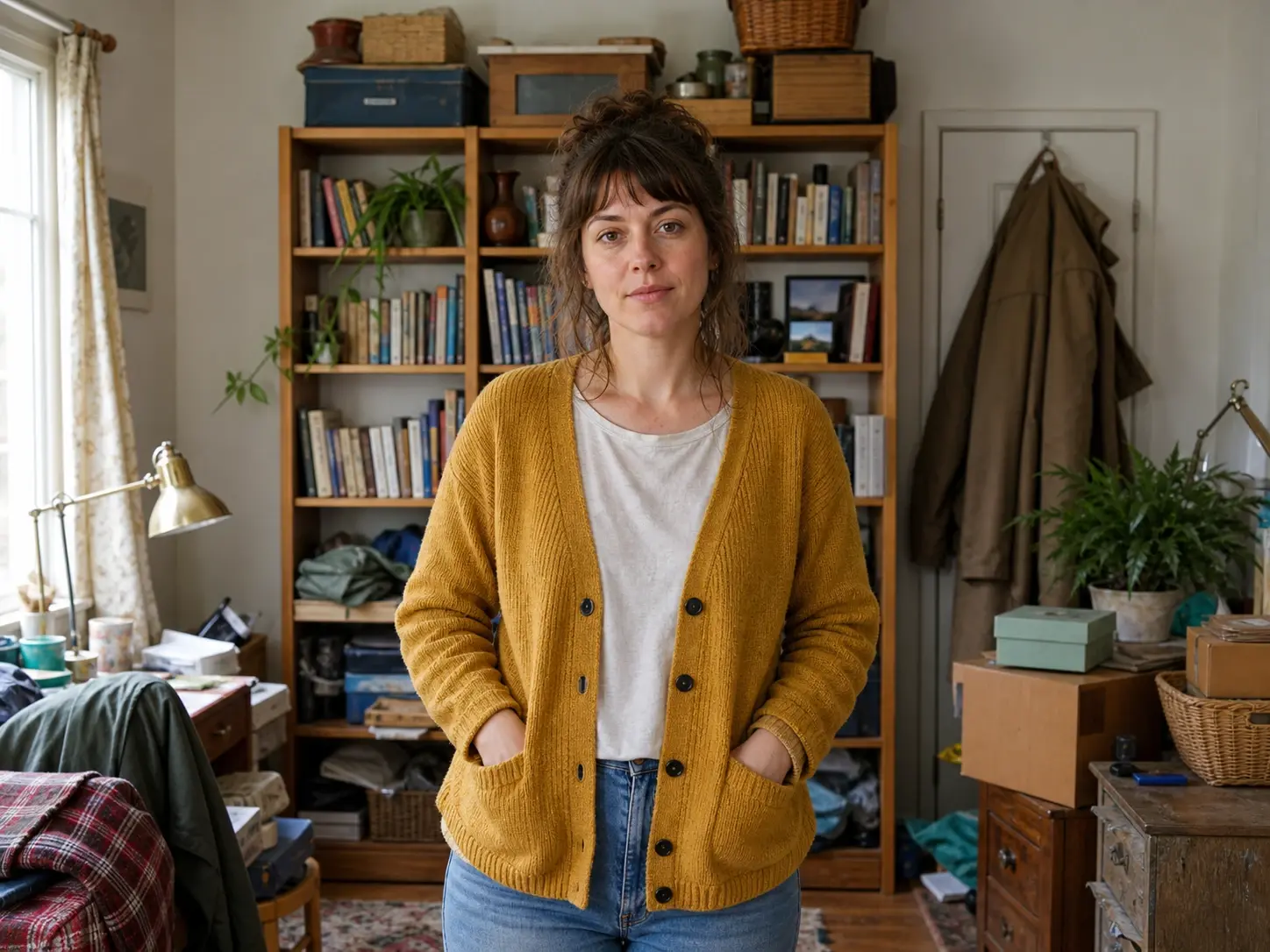 A portrait taken in a cluttered room where the shelves behind the person are fully in focus
