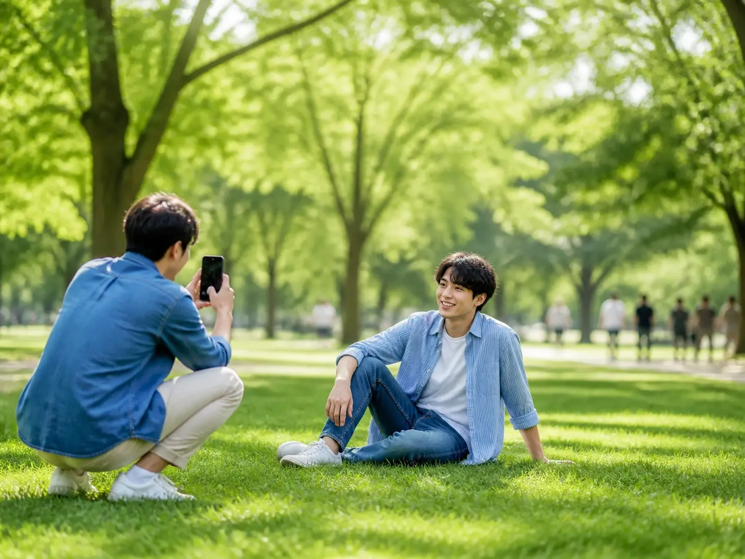 A young man photographing a friend on a phone in a park with the trees behind gone soft