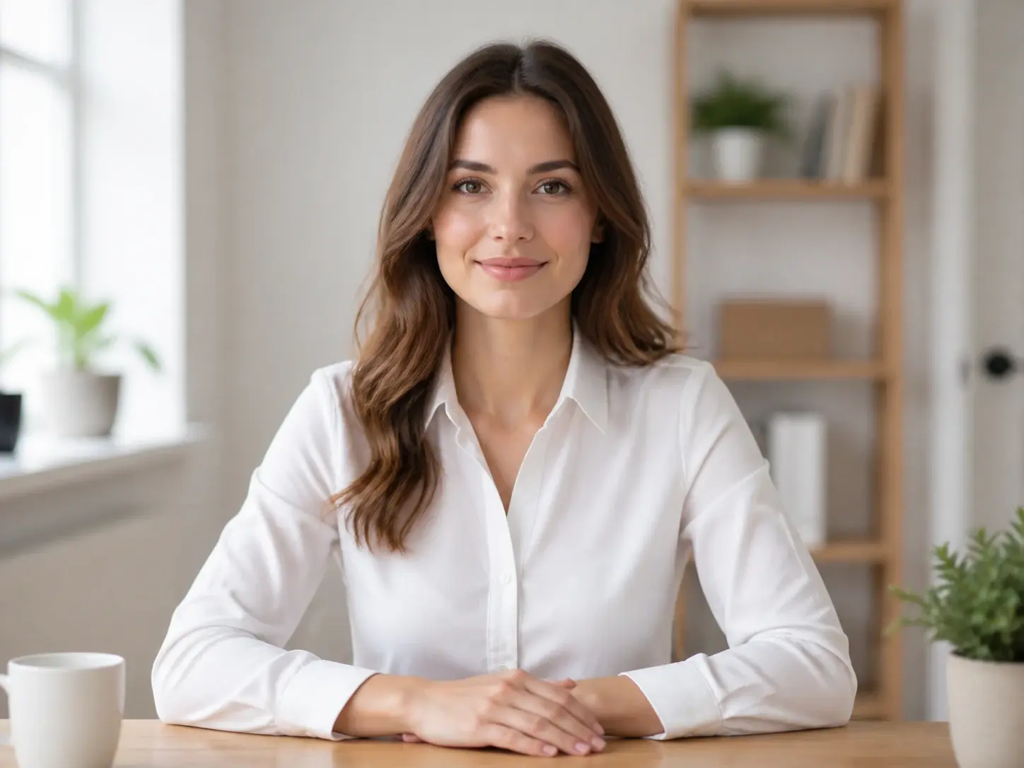 A tidy professional headshot of a woman with a softly blurred office interior behind her