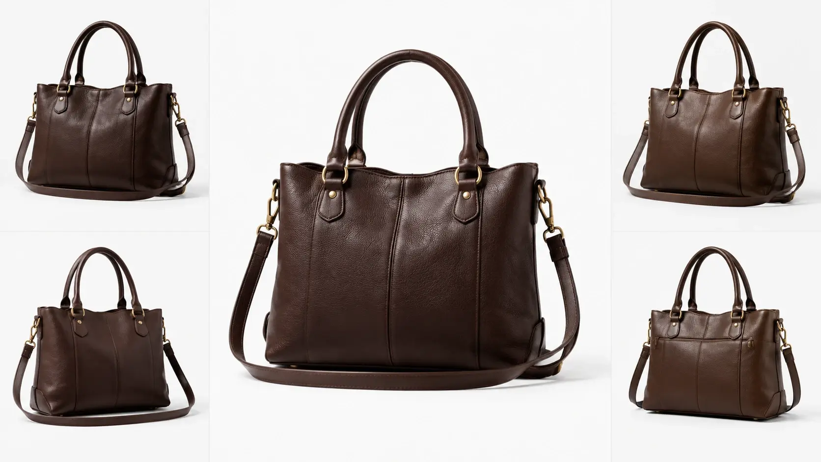 Leather bag with four angle variations as if rotating on turntable