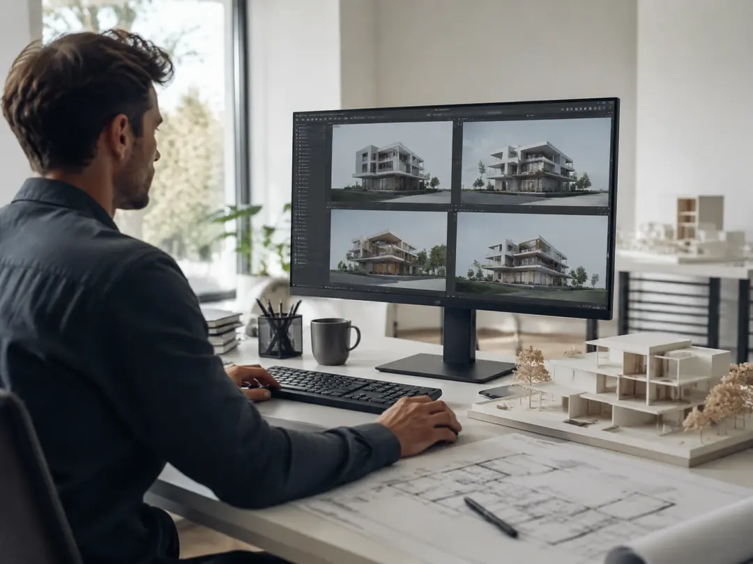 Architectural designer viewing building renders from different perspectives