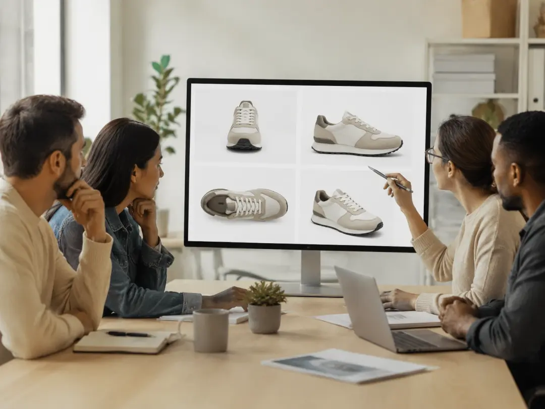 Ecommerce team reviewing product photos from multiple camera angles