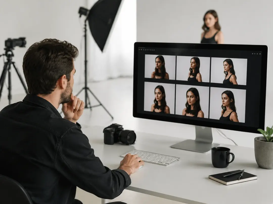 Fashion photographer reviewing portrait shots from different angles
