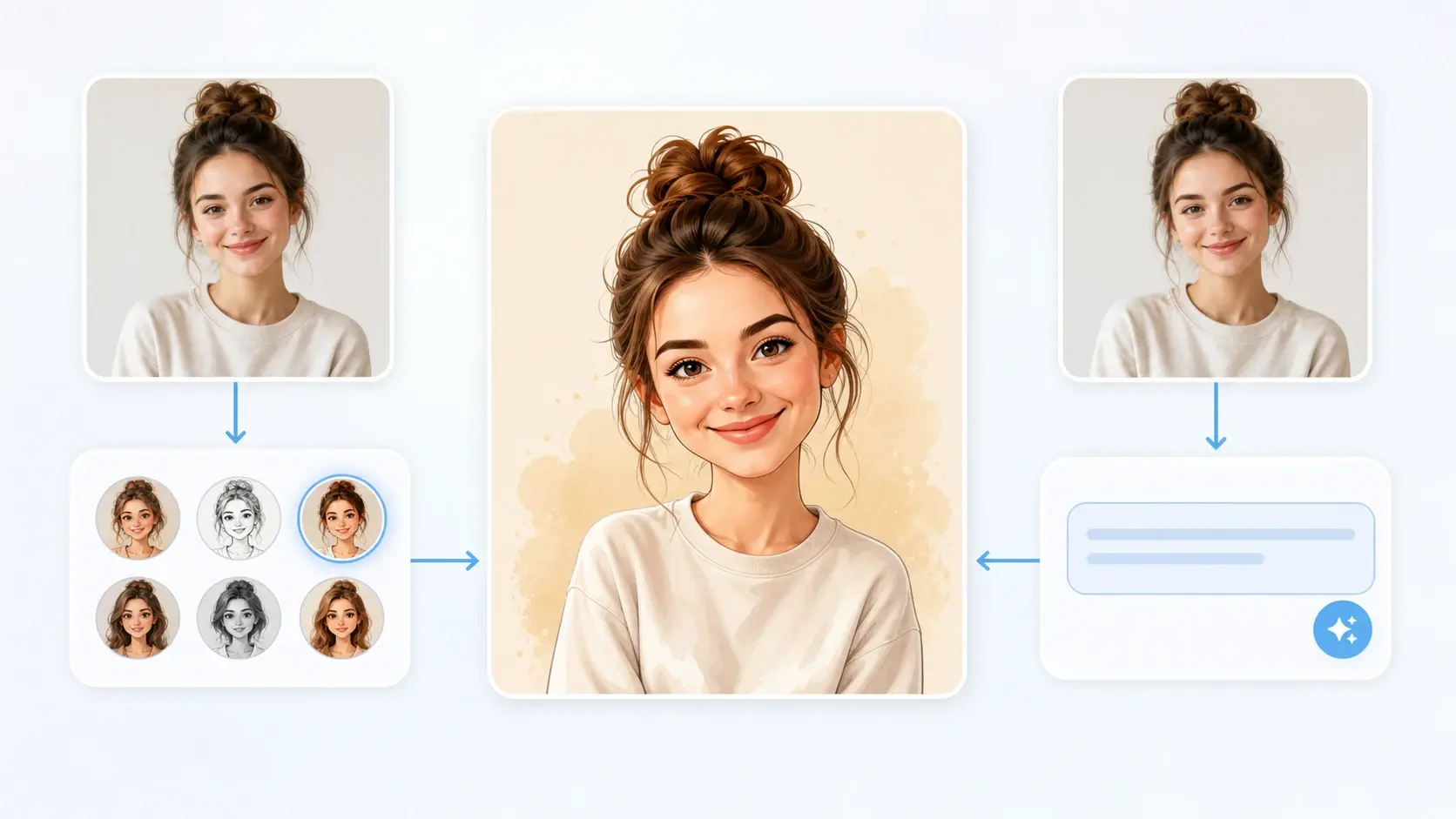Preset style button and prompt field shown as two routes to the same cartoon portrait
