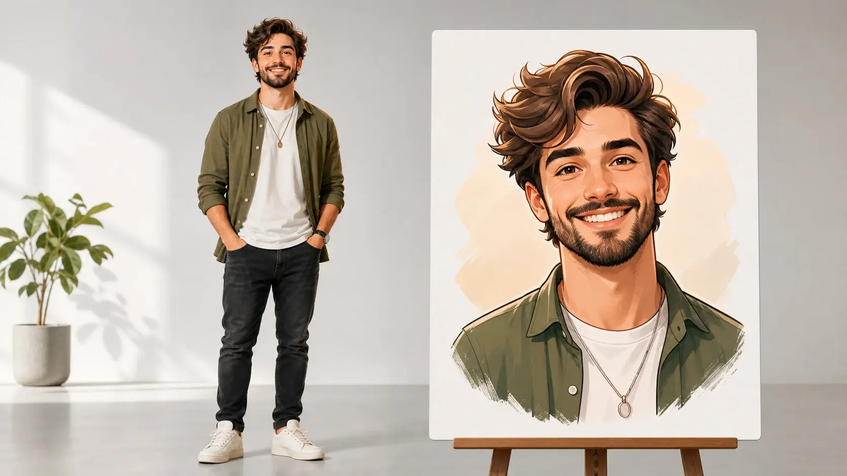 Prompt text describing a character next to the cartoon portrait drawn from that description
