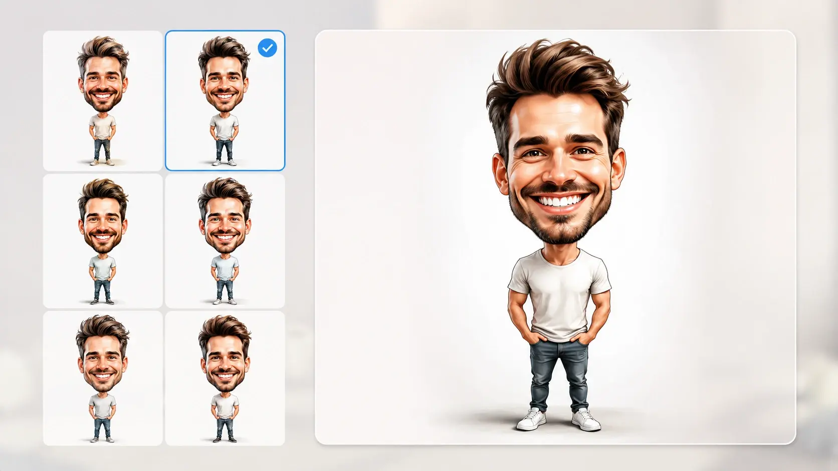 Batch of caricature generator versions with one selected for 4K download without a watermark