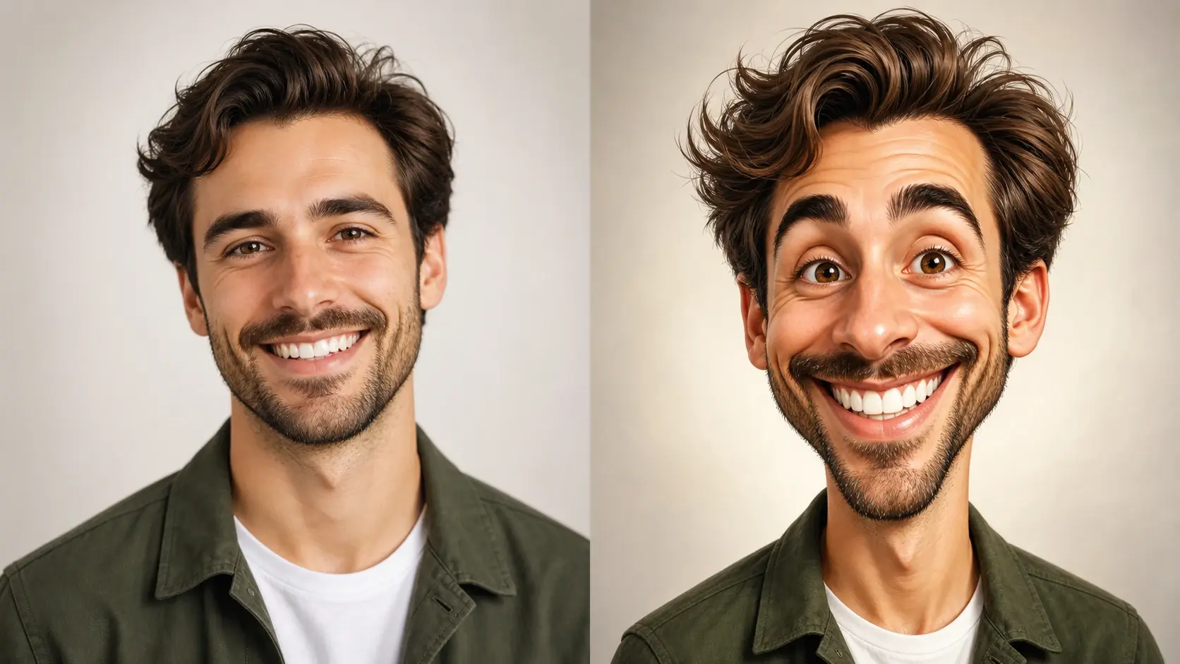 Portrait photo on the left and its exaggerated caricature generator portrait on the right