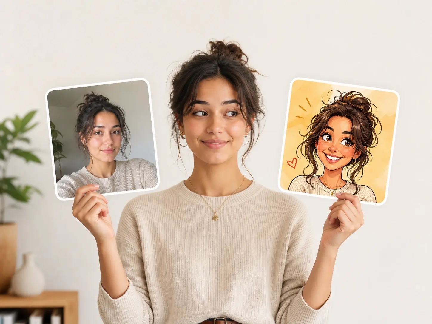 Person comparing a plain selfie with a humorous caricature generator portrait chosen as a new avatar