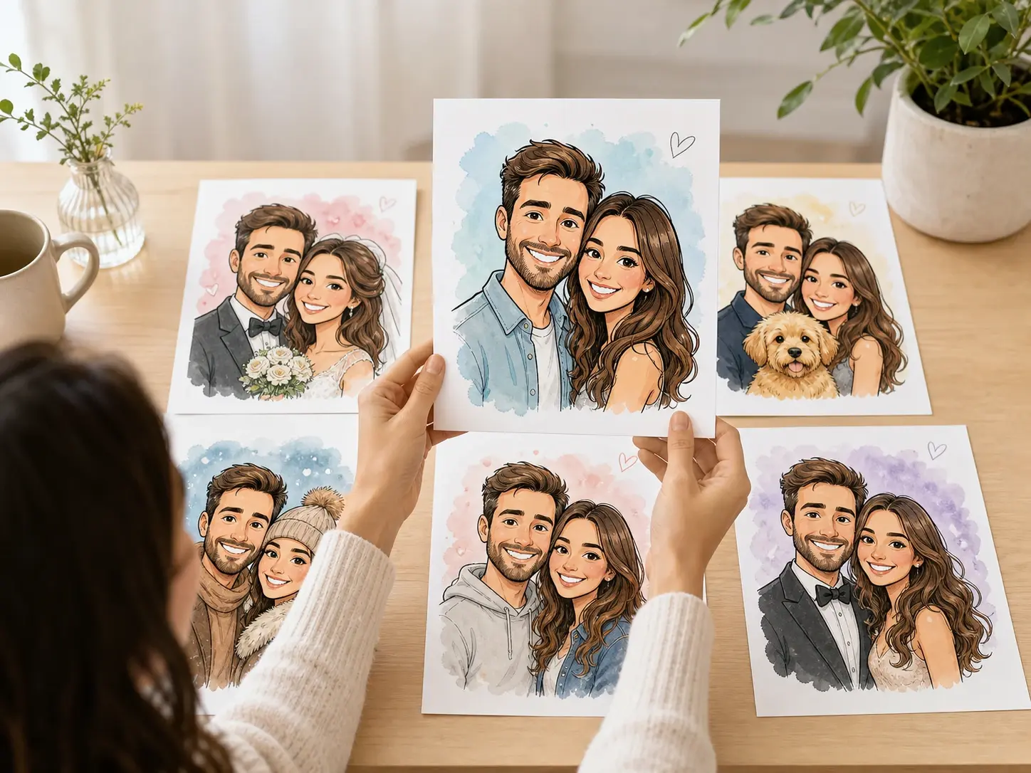 Gift giver picking one cartoon couple portrait from several caricature generator versions