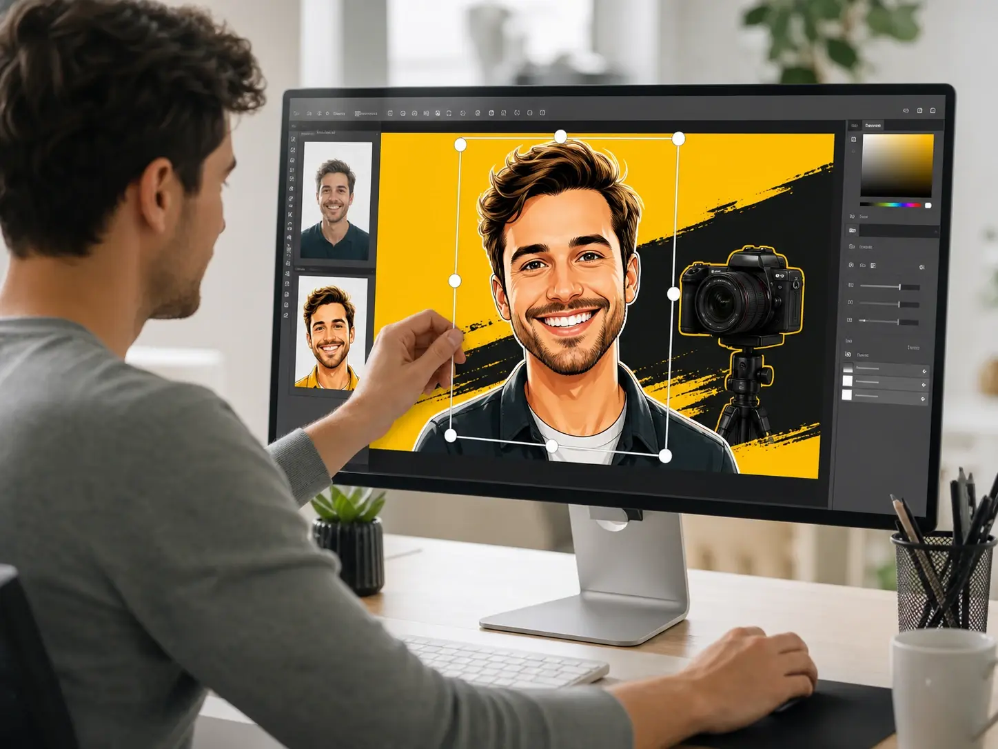 Creator placing a 4K caricature generator portrait into a video thumbnail layout