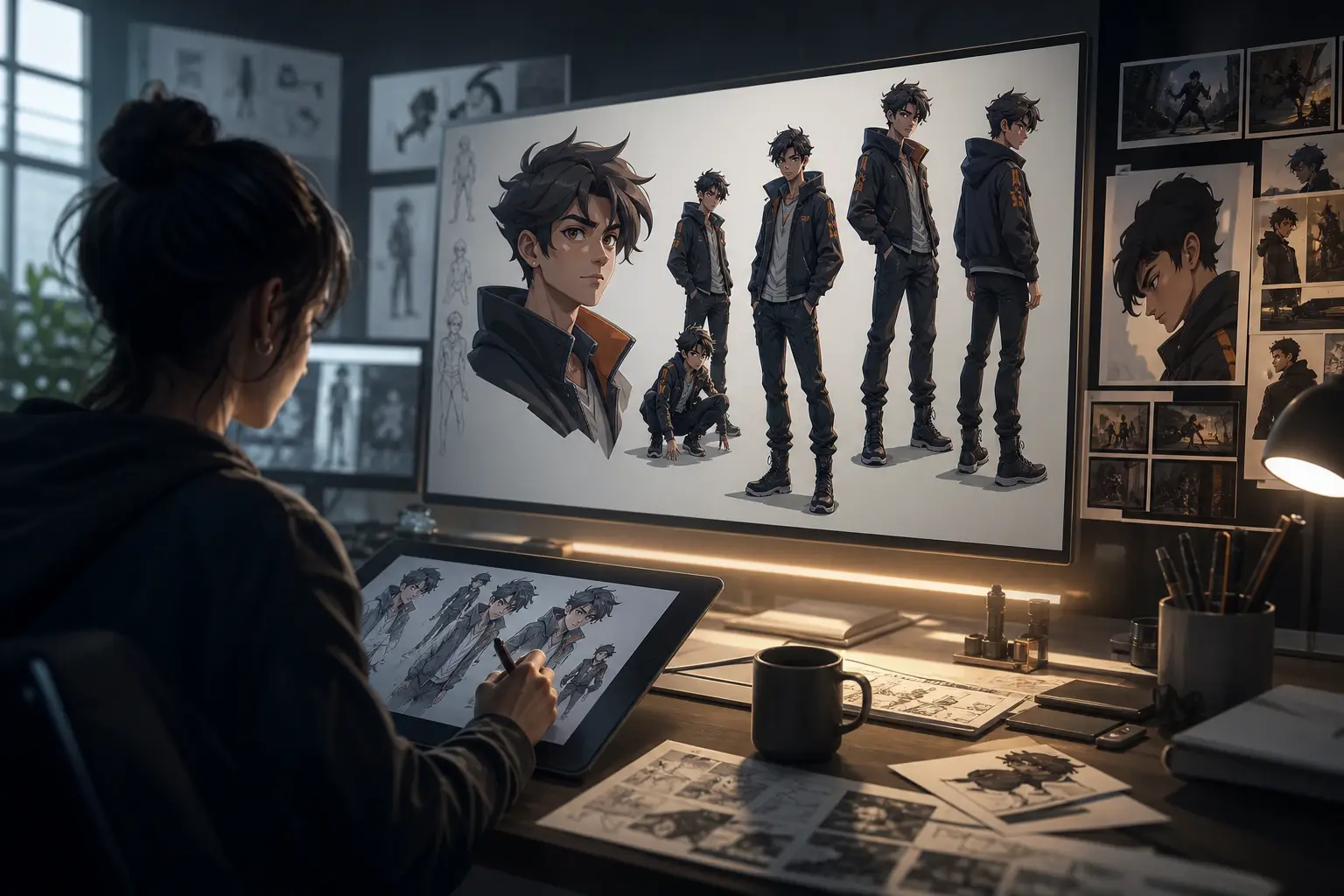 Animated series lead preview from a character maker with jacket and pose cues