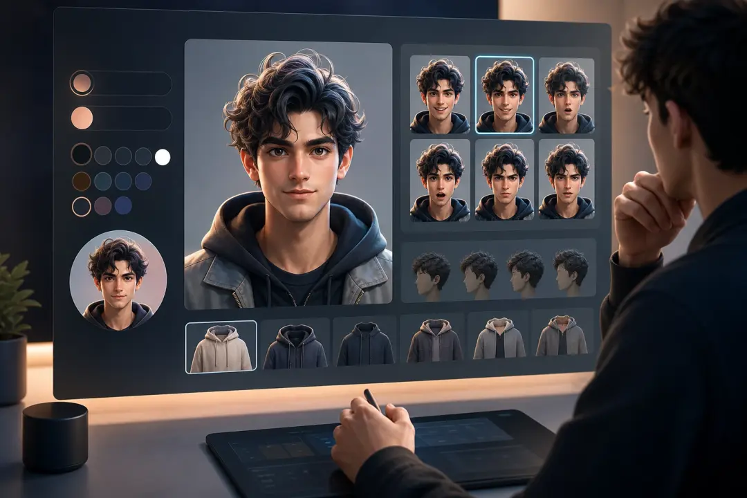 Creator choosing avatar expression in a character maker preview for a profile image