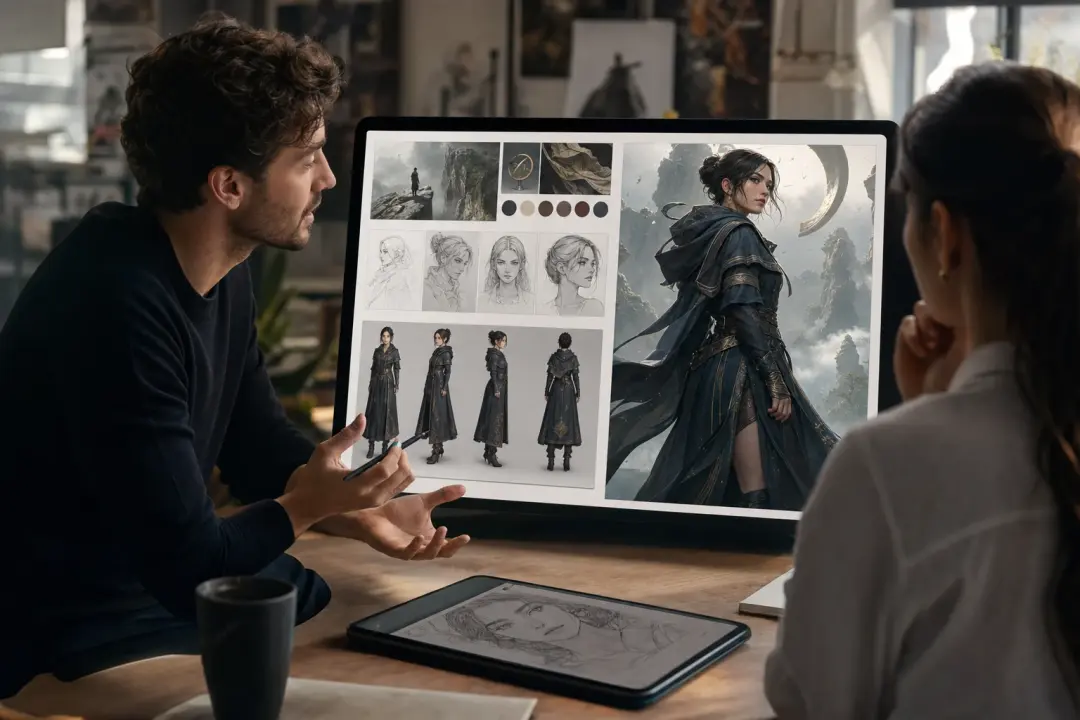 Freelance producer sharing a character maker concept board during client review