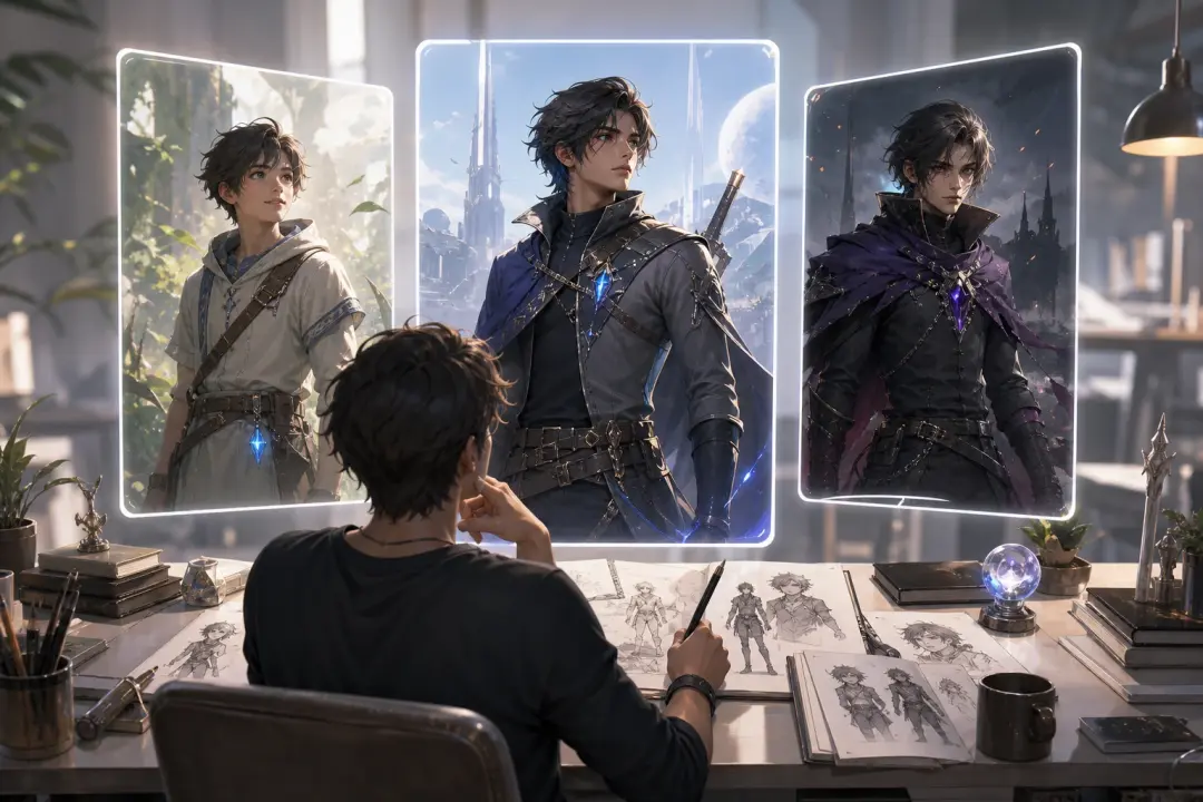 Writer reviewing an OC preview from a character maker before drafting scenes