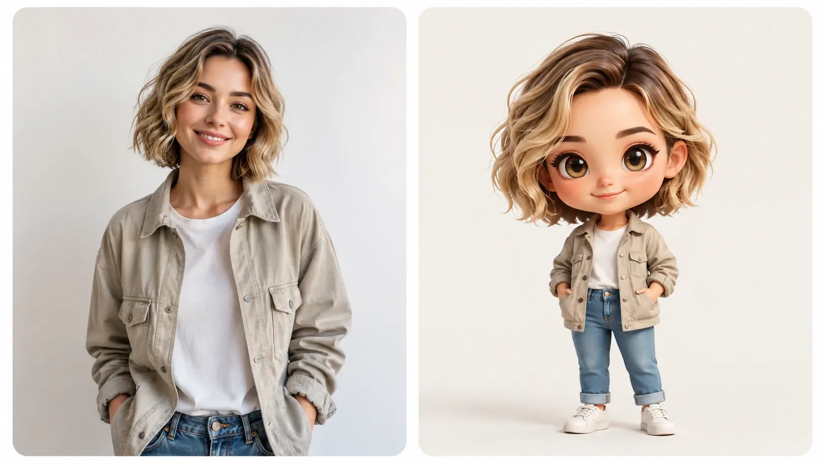 Side by side of a portrait photo and its chibi rebuild keeping hairstyle and jacket color