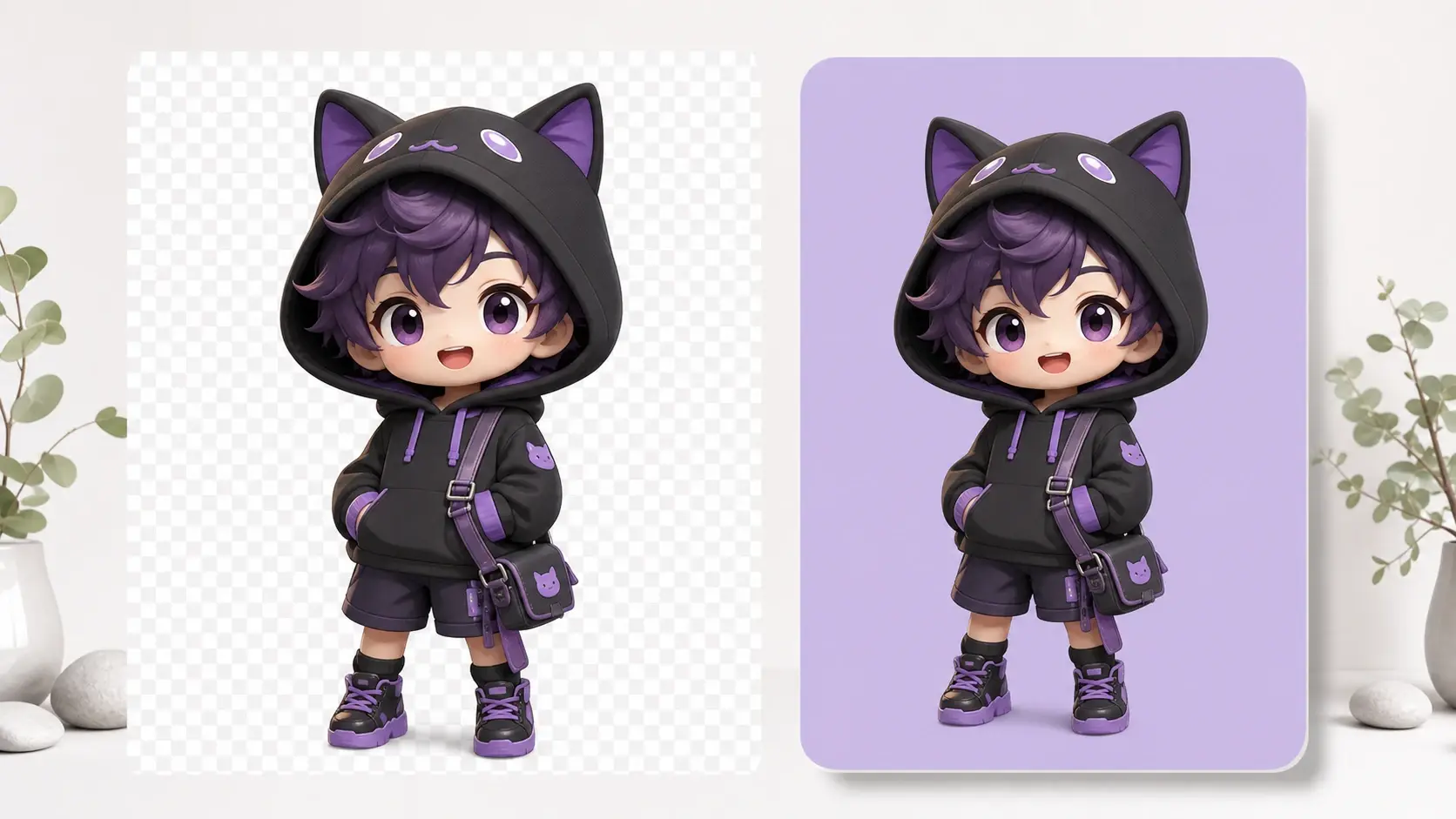 Chibi character exported as transparent PNG shown over a checkerboard and a colored card