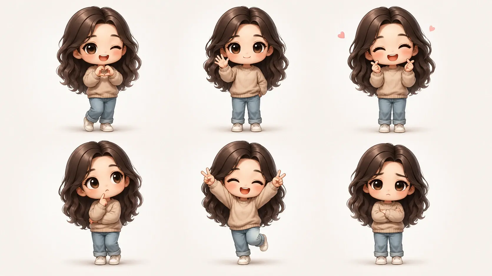 Six chibi images of one character with matching hair and outfit forming a consistent set