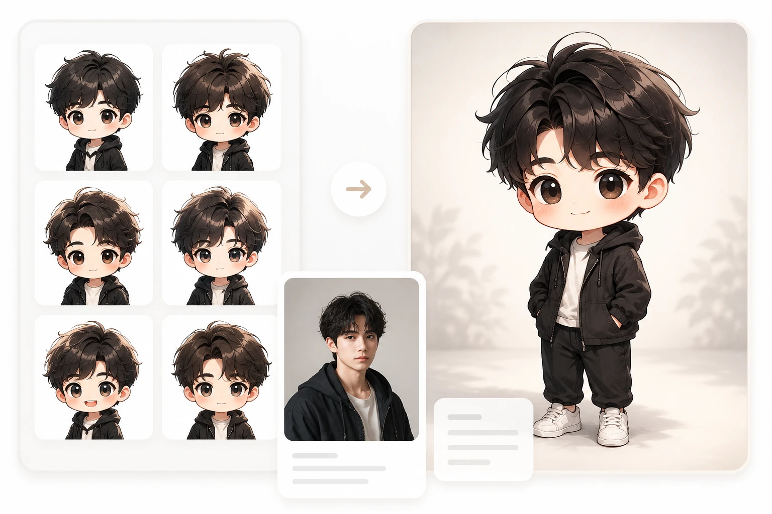 Chibi preset style thumbnails beside a prompt describing hair, outfit and expression