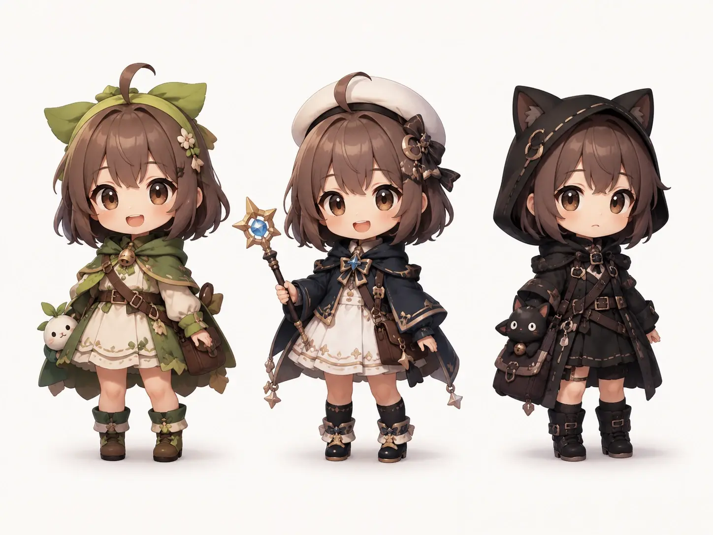 Three chibi mascot concepts for an indie game shown side by side on a pitch board