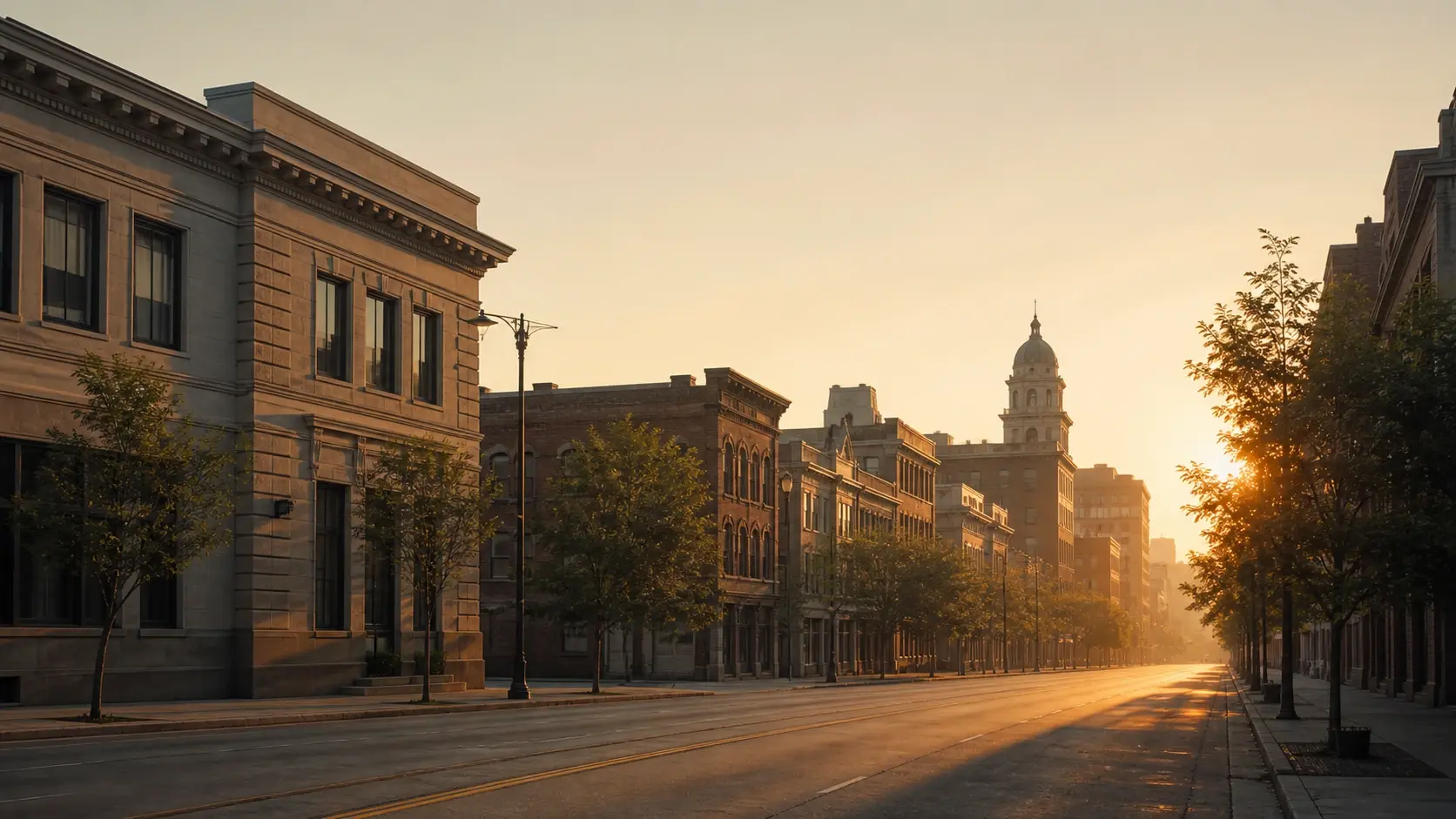 A wide golden hour street with one long shaft of warm side light raking across the frame