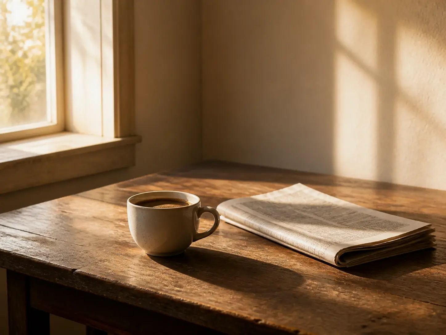 A kitchen table with a coffee cup and newspaper rendered in a settled warm film grade