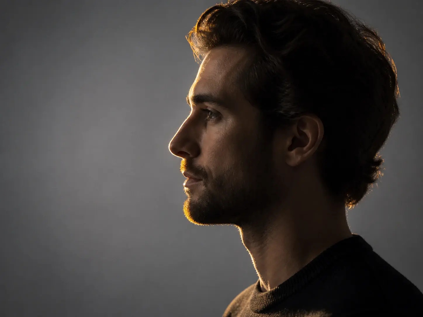 A profile portrait with one warm rim light tracing the forehead, nose and chin from behind