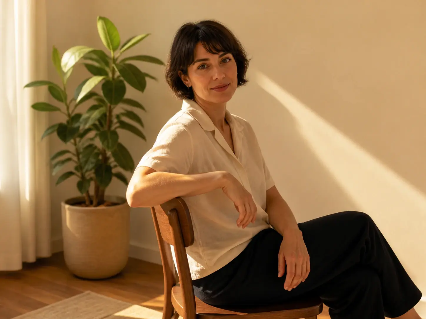 A seated woman whose pose and framing stay unchanged while a warm directional beam is rebuilt