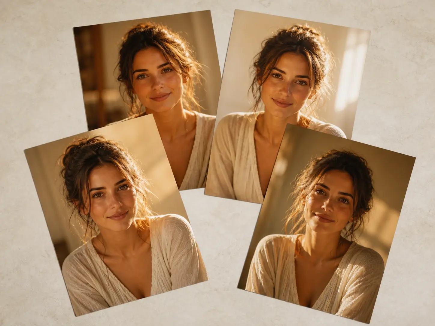 Four glossy prints of the same warmly lit portrait overlapping on a pale studio table