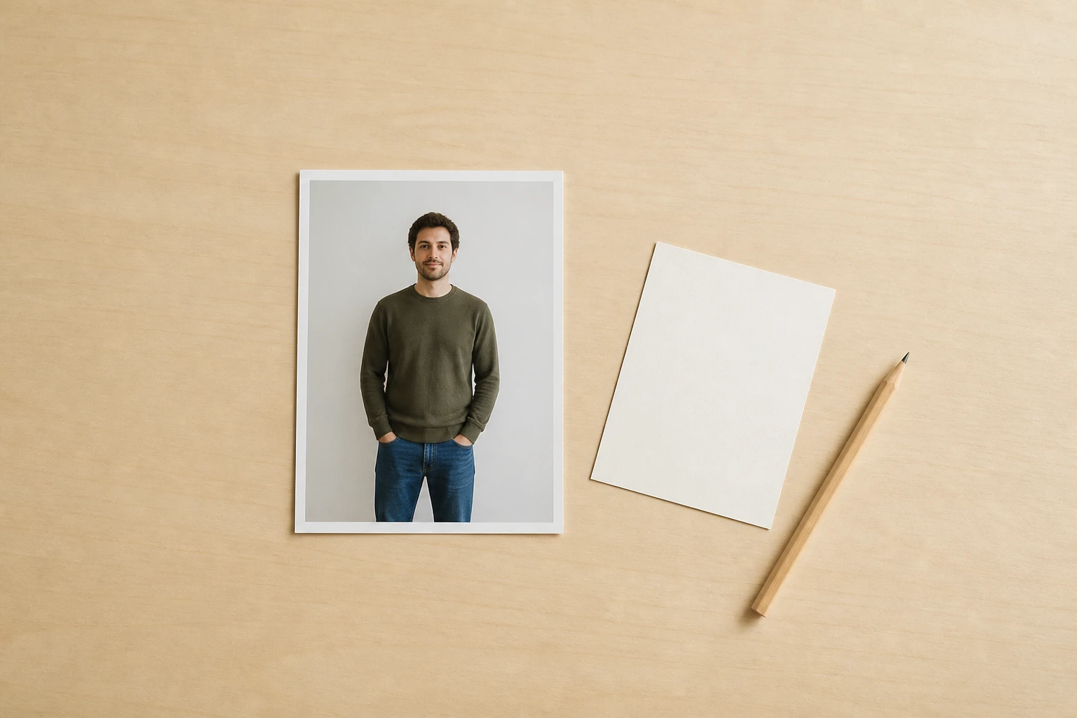 One flat, evenly lit snapshot print of a man against a pale wall lying alone on a light desk